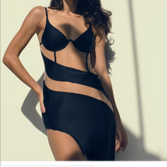 Carmen dress in black satin mesh   Black Mini Dress - Picture 1 of 5
